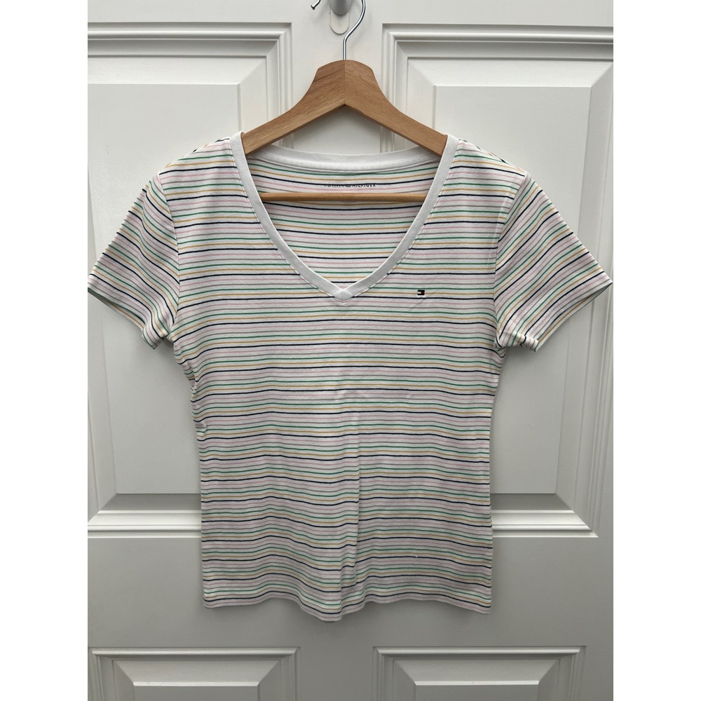 Tommy Hilfiger Womens XS V-Neck Striped T-Shirt Multi Color Cotton Short Sleeve